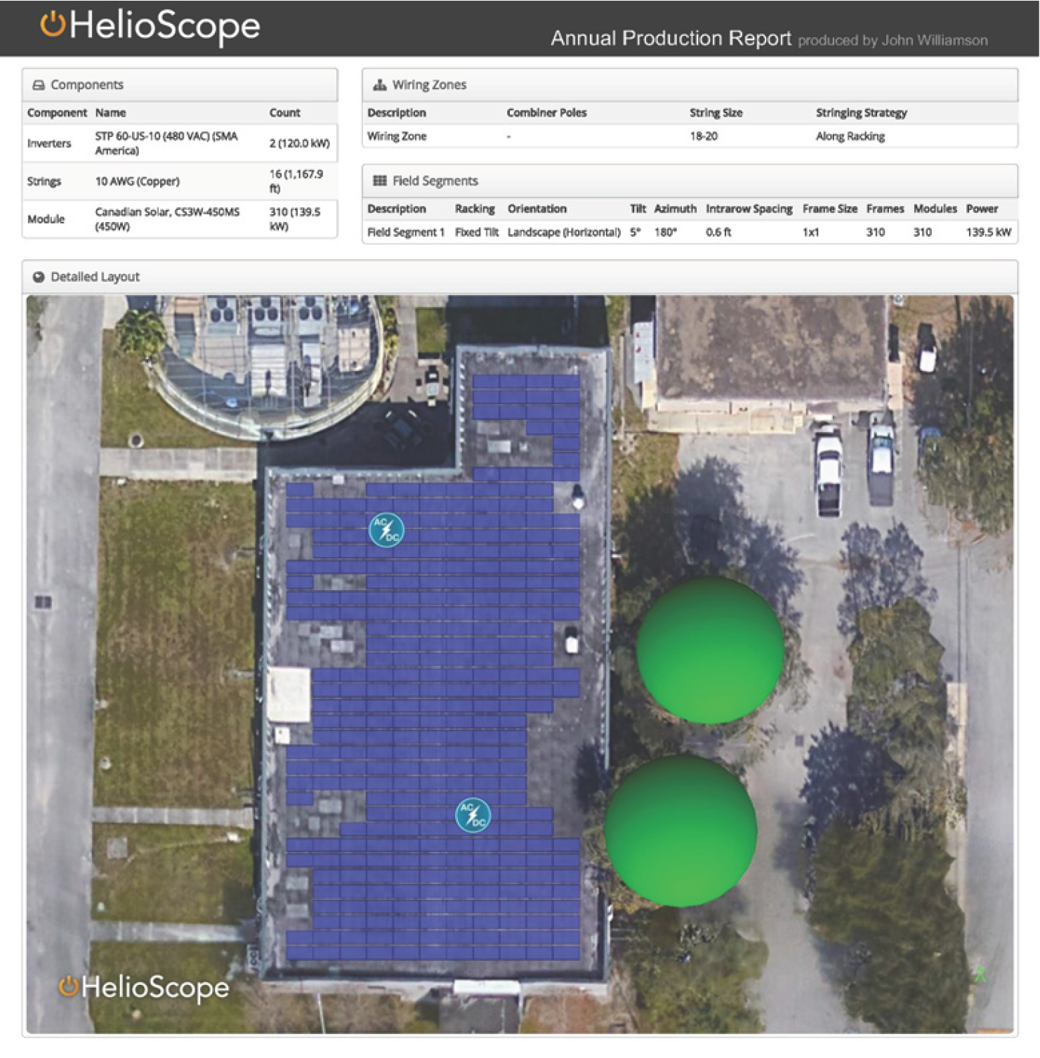 Aerial view of a solar panel layout on a building with two green spheres and an annual production report displayed.