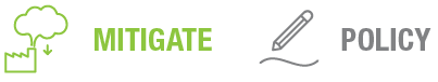 Text shows the words 'MITIGATE' in green and 'POLICY' in gray, accompanied by a graphic of a pencil and a cloud.