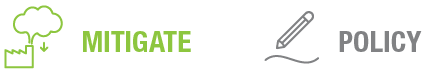 Text graphic featuring the words 'MITIGATE' in green and 'POLICY' in gray, separated by an illustration of a downward arrow and a pencil.