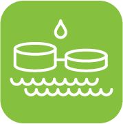 Icon depicting two water tanks connected by a line, above stylized waves, set against a green background.