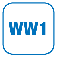 Stylized blue graphic featuring the text 'WW1' inside a rounded square frame.