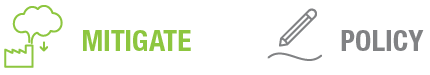 Text graphic showing the words 'MITIGATE' in green and 'POLICY' in gray, with a tree and pencil illustration.