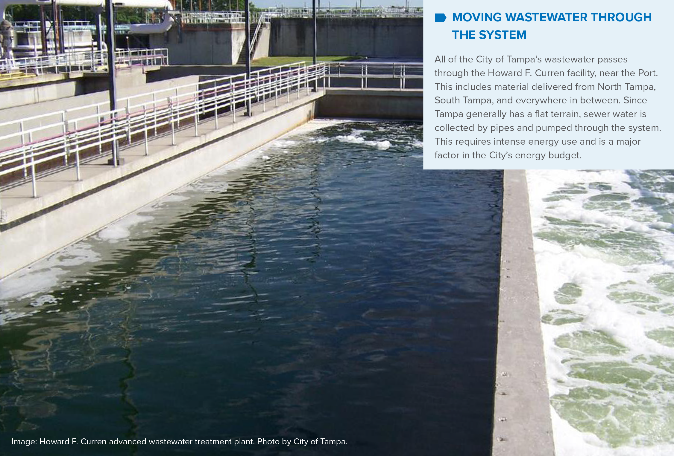 View of wastewater treatment plant with flowing water and treatment infrastructure in Tampa, showcasing the process of moving wastewater.