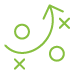 Green abstract icon featuring a curved line with circles and crosses, suggesting strategy or planning.