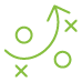 A simple green graphic illustrating a sports strategy, featuring a circular play zone and crossed lines representing player movements.
