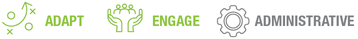 Three icons representing concepts: Adapt, Engage, and Administrative. Each icon features a distinct color and design.