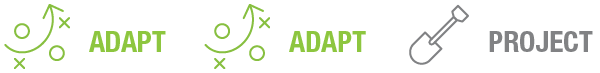 Three green arrows with the word 'ADAPT' and a gray arrow pointing to a wrench labeled 'PROJECT'.
