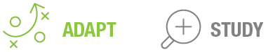 Graphic featuring the words 'ADAPT' and 'STUDY' with associated icons representing growth and analysis.