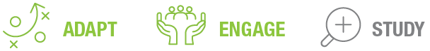 Icons representing the concepts of adapt, engage, and study, depicted with simple graphics and text in green and gray.