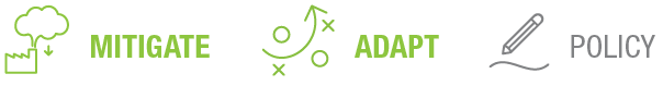 Icons representing mitigation, adaptation, and policy for environmental strategies, with text in green and gray.