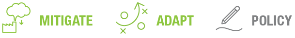 Three icons representing concepts: Mitigate, Adapt, and Policy, with arrows and check marks in green and grey.