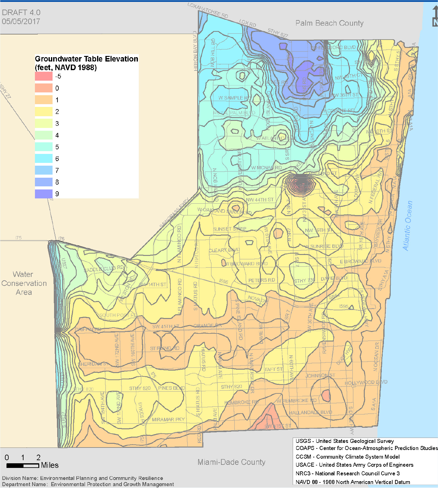 Map showing groundwater table elevation in Palm Beach and Miami-Dade Counties, including color-coded elevation levels and data sources.