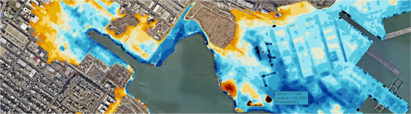 A colored map indicating water levels and area expansion, contrasting urban land and water bodies.