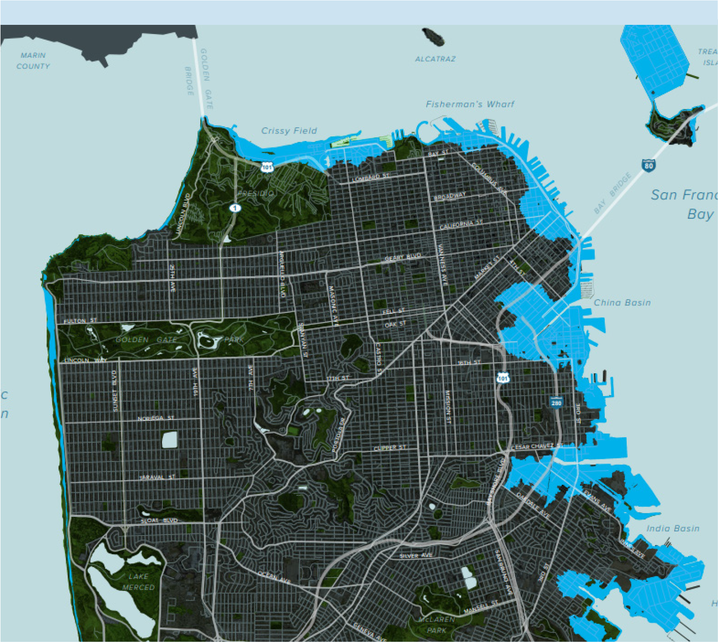 Map of San Francisco highlighting parks, water bodies, and urban areas, with blue indicating waterfront regions.