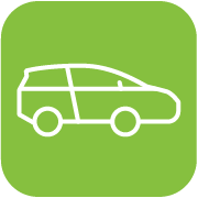 A simple icon of a green car with two circular wheels on a green background.