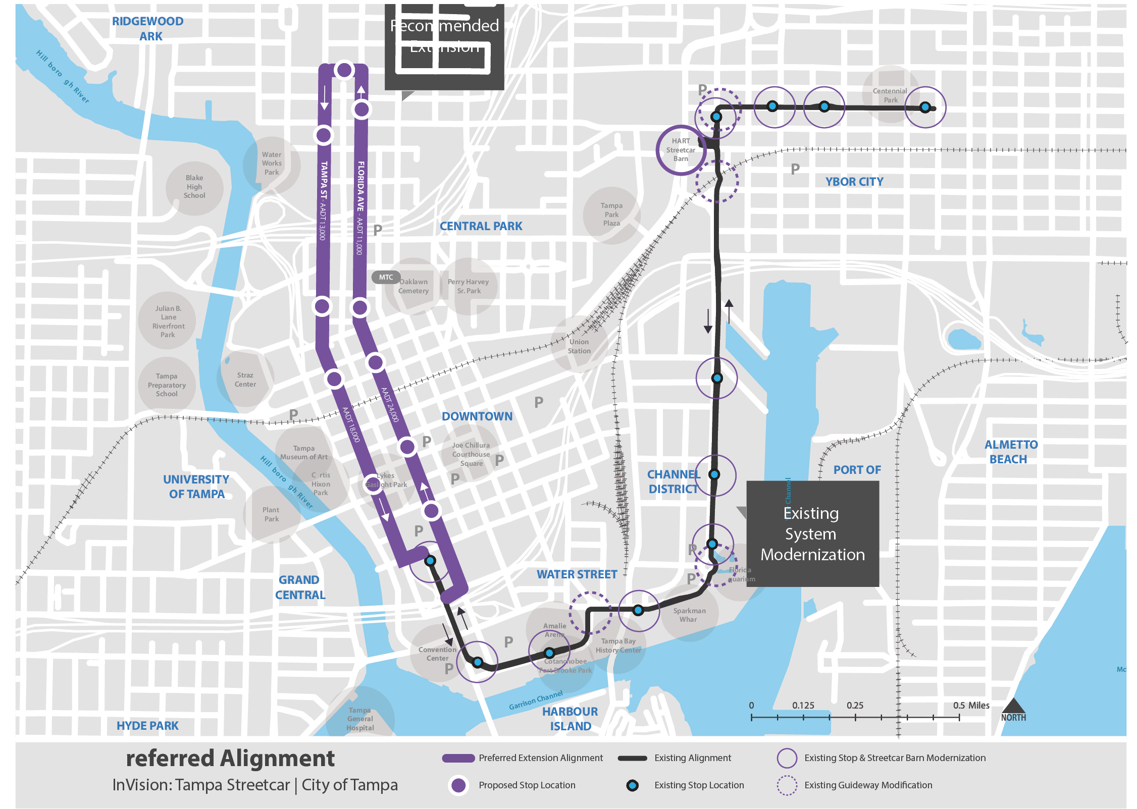 Map of Tampa showing the recommended alignment for the InVision Tampa Streetcar, including existing system sections and proposed extensions.
