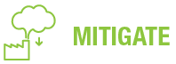 Text in green stating 'MITIGATE' with an upward arrow and a simple illustration of a building.