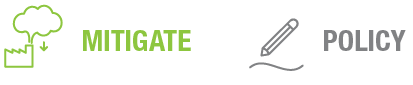 Text graphic displaying the words 'MITIGATE' in green and 'POLICY' in gray, with decorative elements.