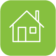 Simple green house icon with a sloped roof and a chimney.
