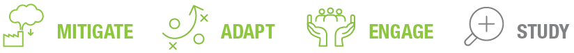 Icons representing four concepts: mitigate, adapt, engage, and study, related to environmental or social initiatives.