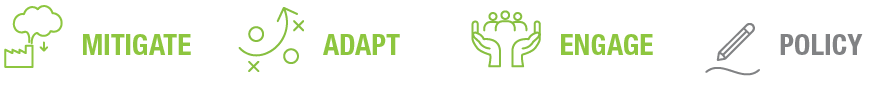 Four words representing environmental strategies: Mitigate, Adapt, Engage, and Policy, each accompanied by relevant icons.