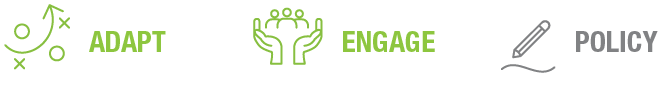 Icons representing the concepts of Adapt, Engage, and Policy with associated graphic elements.