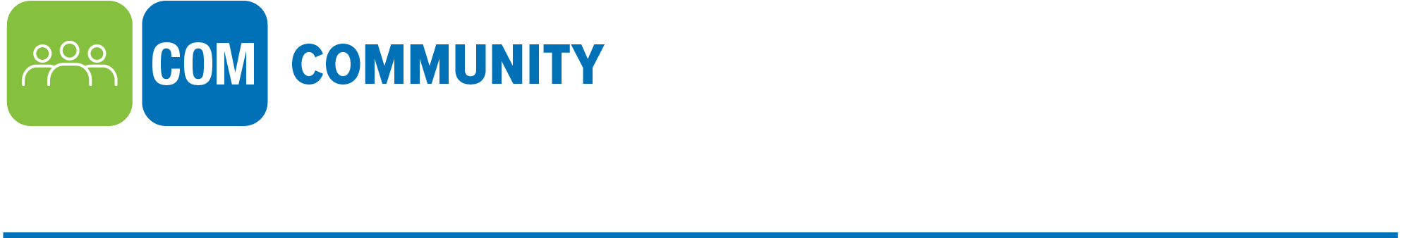 Green icon of people beside blue text 'COM COMMUNITY'.