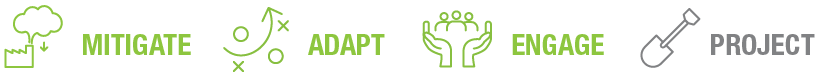 Four icons representing environmental actions: mitigate with a tree, adapt with arrows, engage with hands, and project with a hammer.