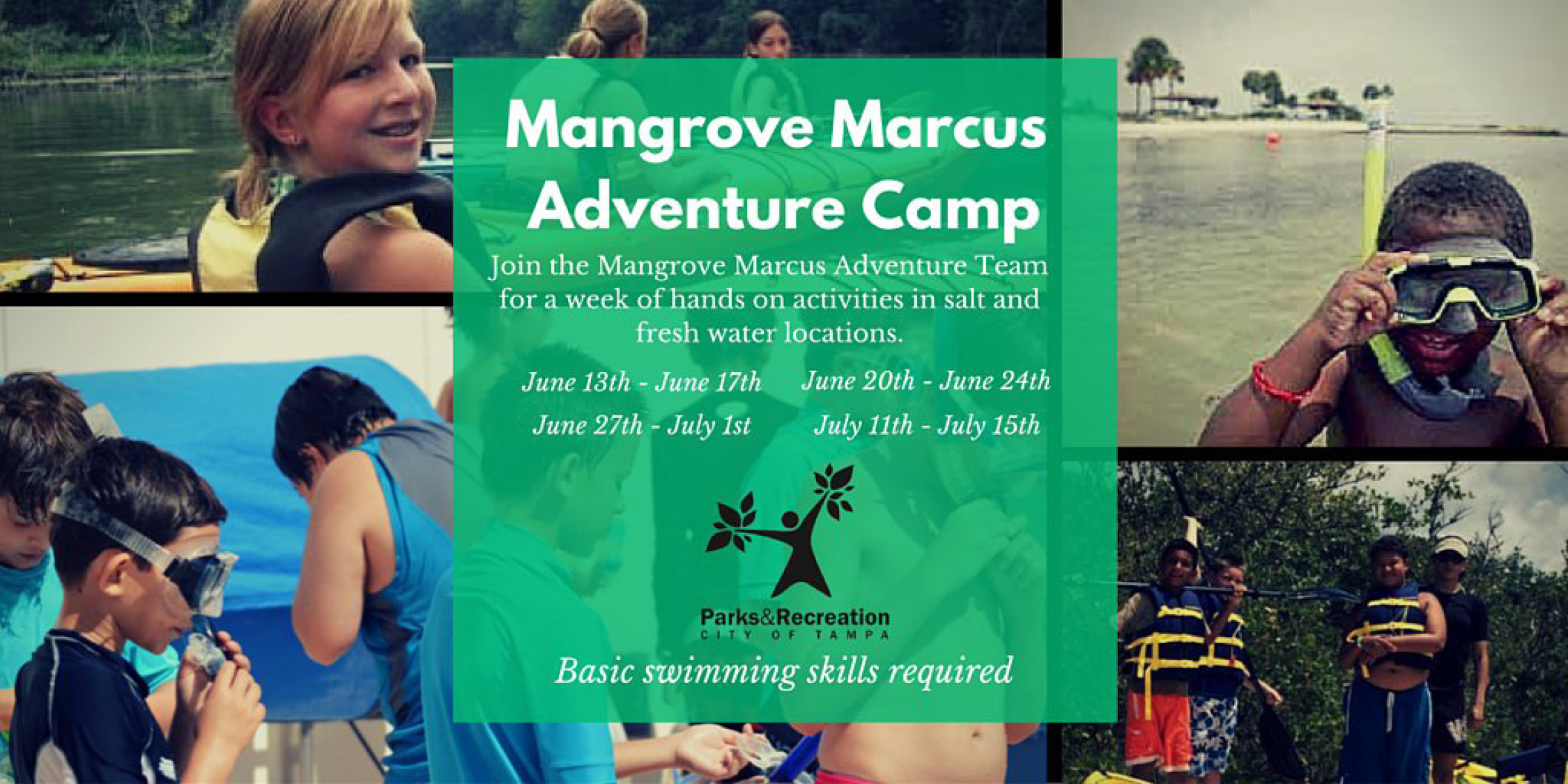 Promotional image for Mangrove Marcus Adventure Camp, featuring kids participating in water activities and information about camp dates and skills required.
