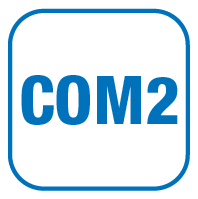 Blue square logo with the text 'COM2' in bold white letters.