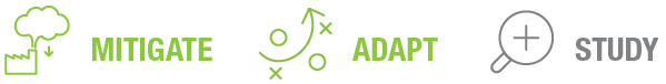 Three words: 'Mitigate,' 'Adapt,' and 'Study' illustrated with corresponding icons in green and gray.