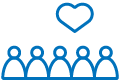 Five simple outline figures with a heart symbol above the center figure.