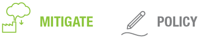 Text graphic featuring the words 'MITIGATE' in green and 'POLICY' in gray, accompanied by simple illustrations.
