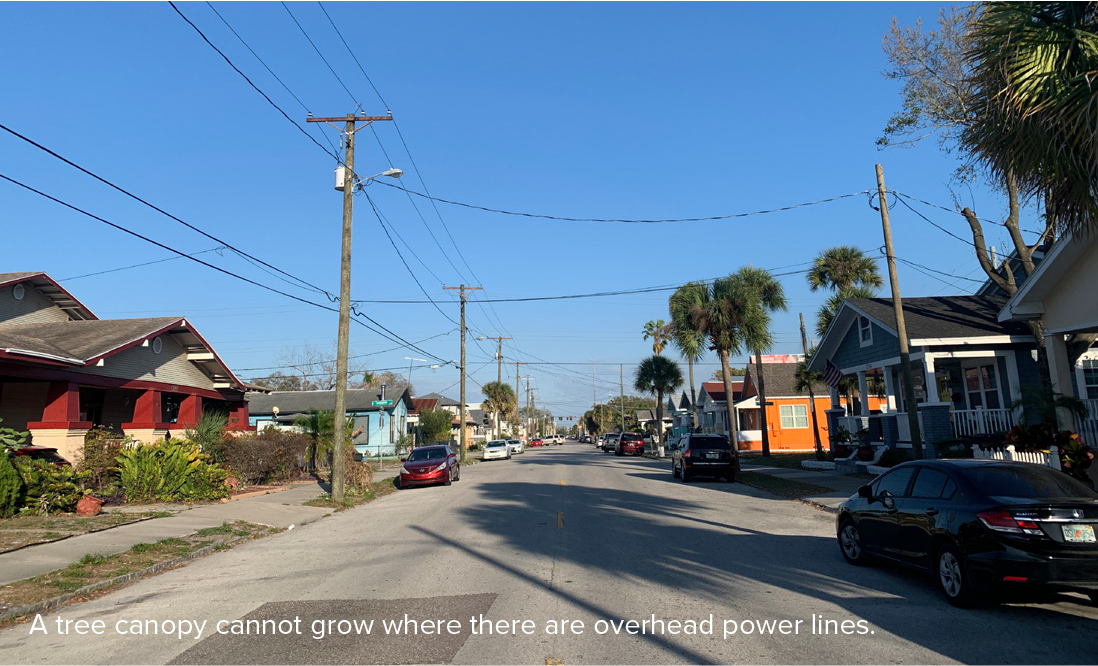 A residential street with power lines overhead, showcasing houses and palm trees under a clear blue sky.