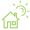 Green house icon with a leaf and circular arrows, symbolizing sustainability and eco-friendly living.