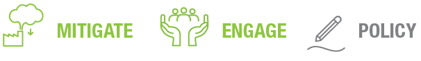 Graphic featuring the words 'Mitigate', 'Engage', and 'Policy' with corresponding icons representing strategies and actions.