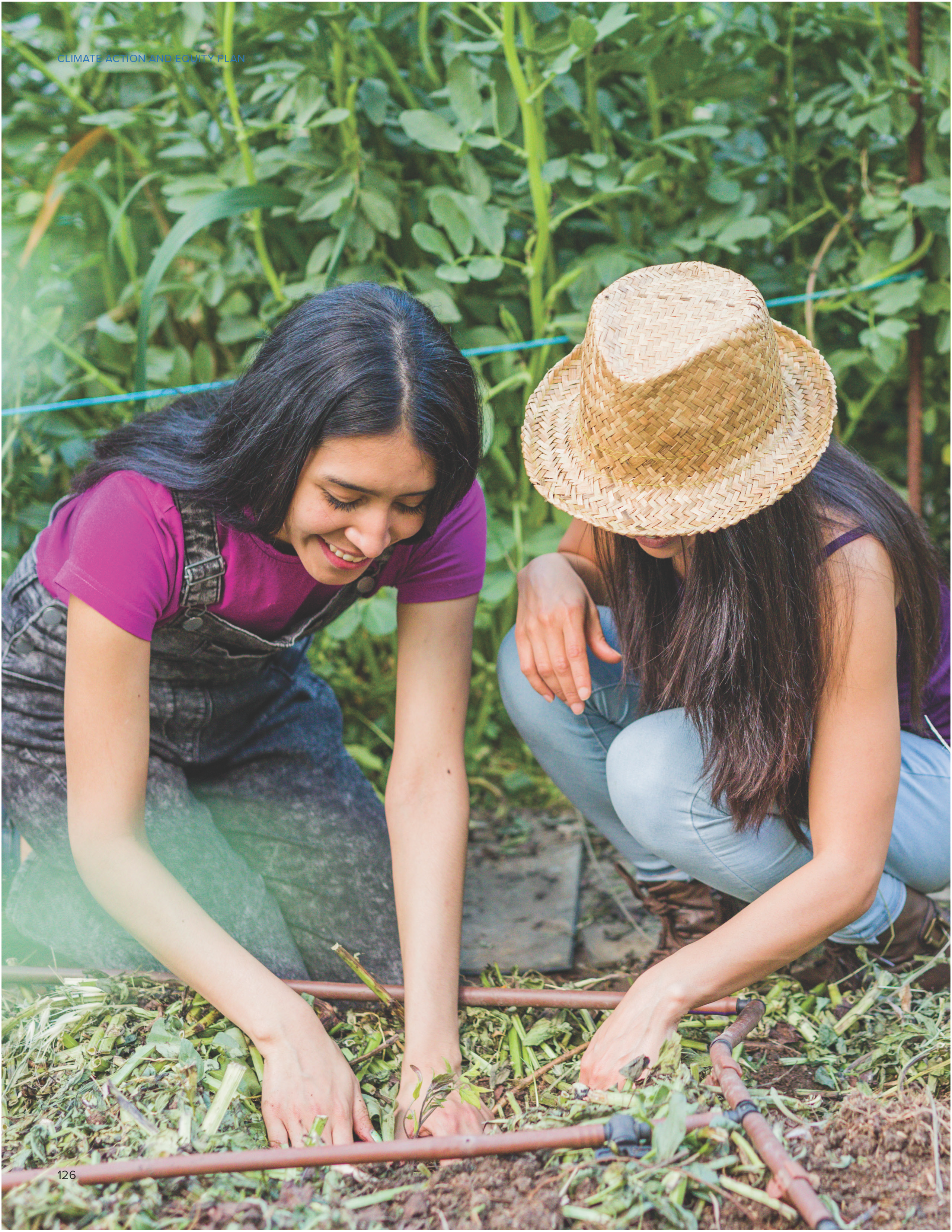 Two women gardening together, one wearing a straw hat, working with plants in a lush green garden.