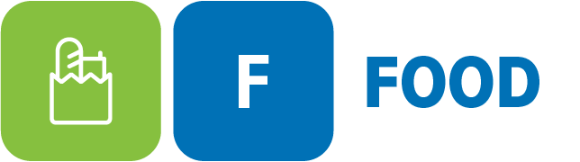 Logo featuring a green design with a fork and a blue letter 'F' followed by the word 'FOOD' in bold.