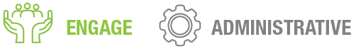 Text representing 'Engage' in green and 'Administrative' in gray, accompanied by illustrative icons of hands and gears.