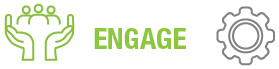 Three figures representing community, the word 'ENGAGE,' and a gear symbol, illustrating collaboration and interaction.
