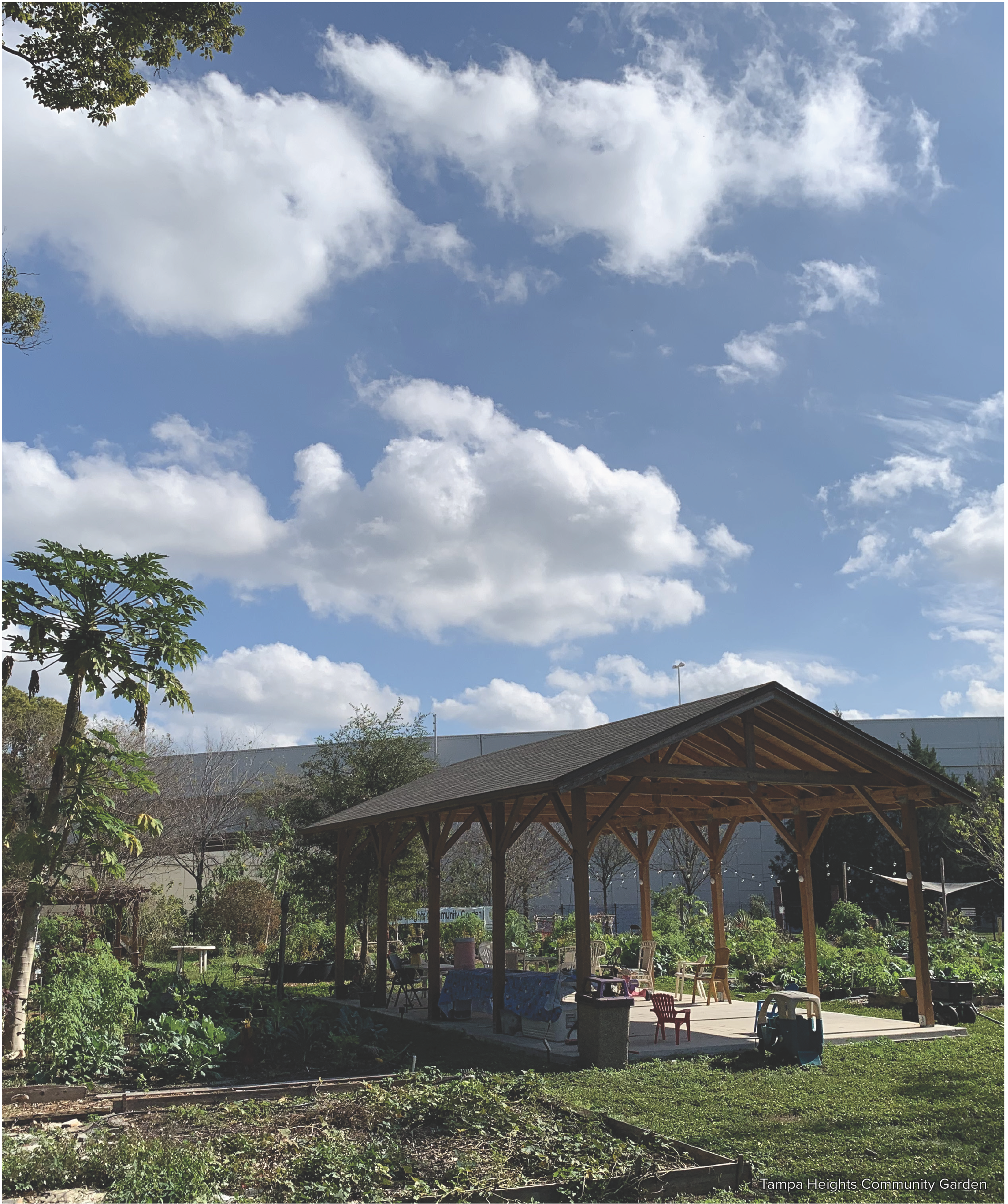A wooden pavilion in a community garden surrounded by plants and trees under a partly cloudy sky.