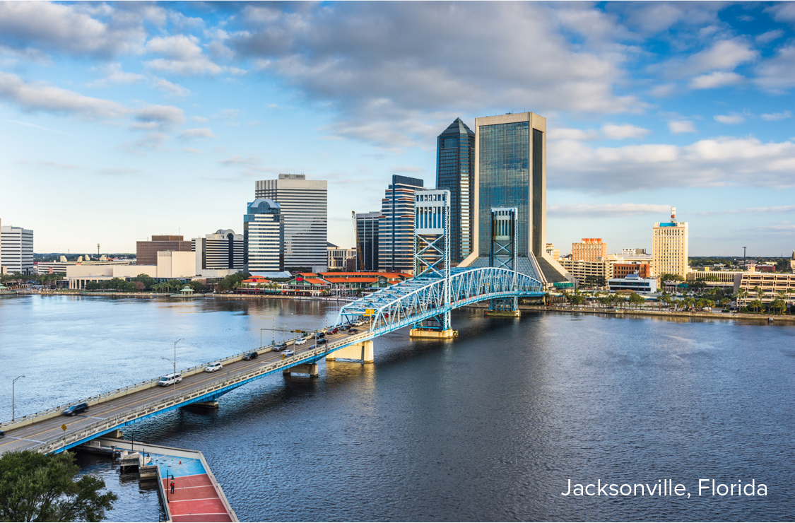 View of Jacksonville, Florida skyline featuring the river and blue bridge under a partly cloudy sky.