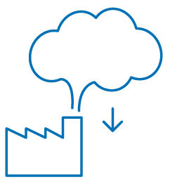 Simplified illustration of a factory with a cloud above and an arrow pointing down, symbolizing emissions or data flow.