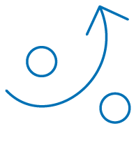 A simple, blue line drawing featuring two circular shapes and an upward arrow, suggesting movement or direction.