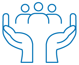 Two hands holding three stylized figures, symbolizing support and community.