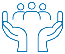 Outline of two hands holding three abstract figures, symbolizing support, care, or community.