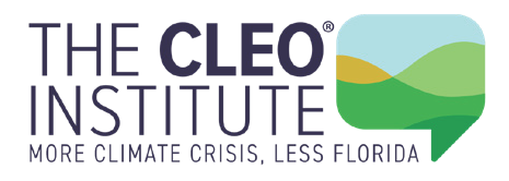 Logo of The CLEO Institute, emphasizing climate crisis awareness with the tagline: 'More climate crisis, less Florida.'