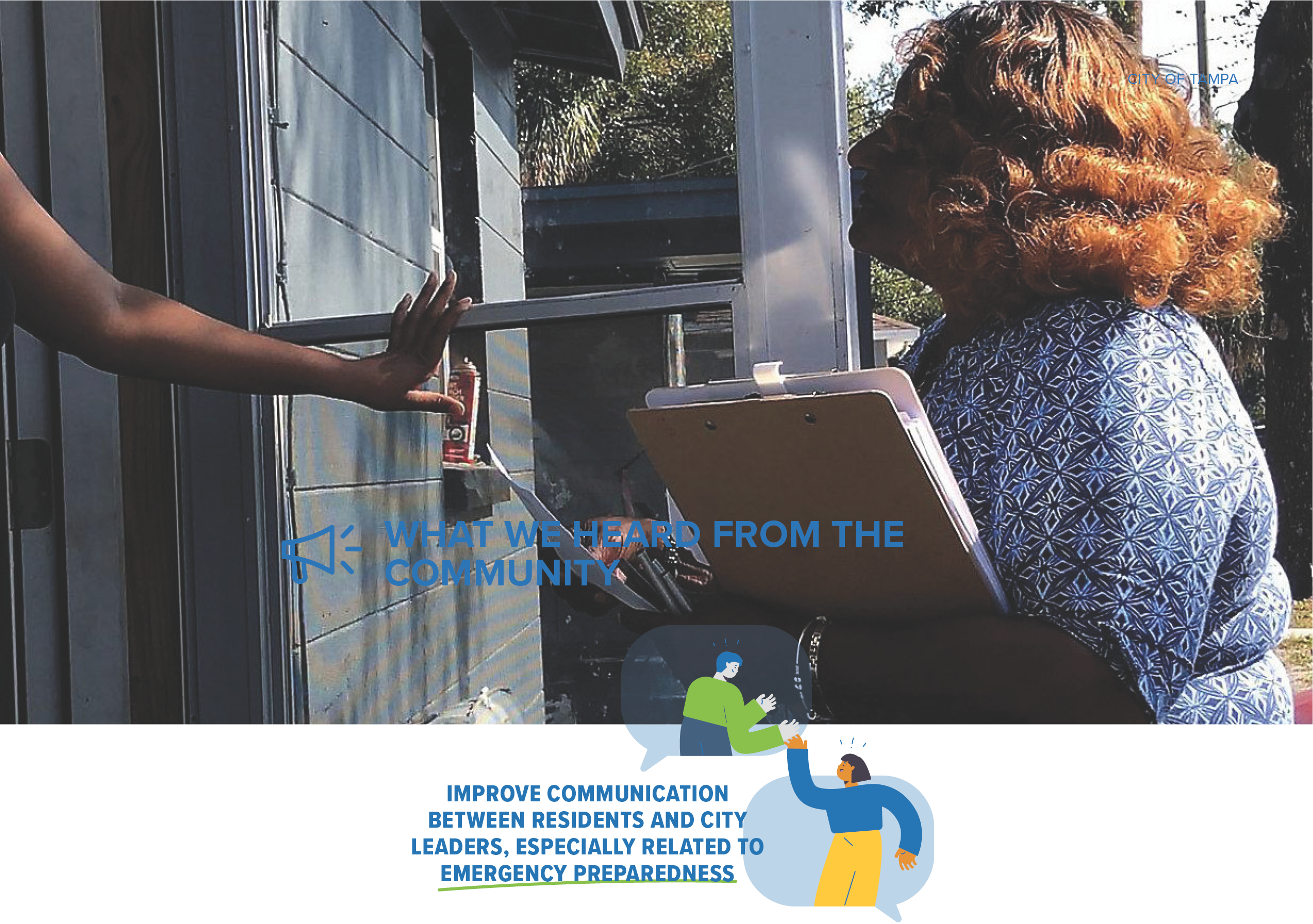 Two individuals discussing at a window; one holds a clipboard. Text highlights community feedback on improving communication with city leaders.