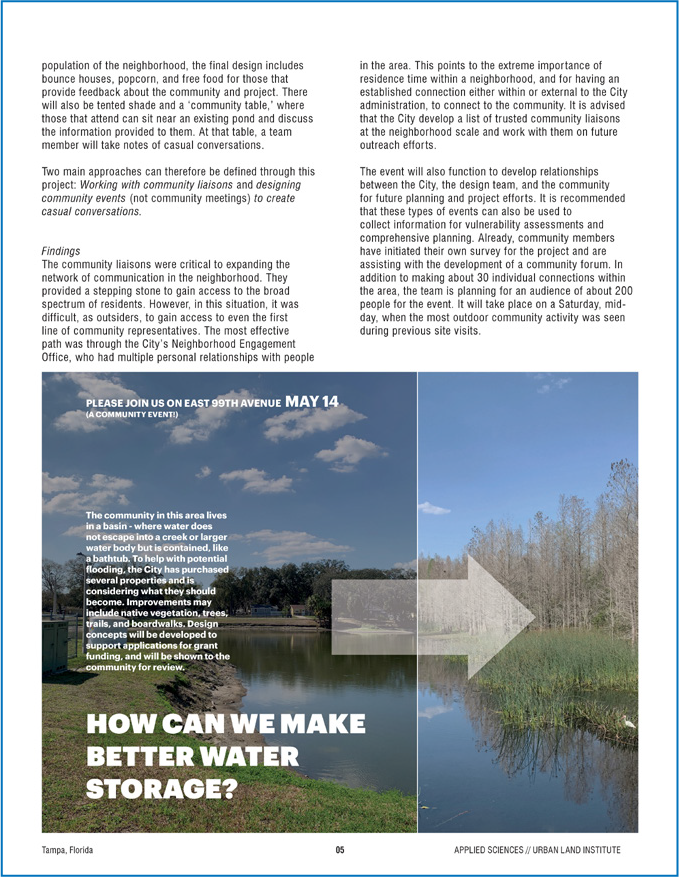 Page discussing community involvement in designing water storage solutions in Tampa, Florida, emphasizing local engagement and addressing neighborhood needs.
