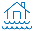 A simple blue line drawing of a house above water, representing a flood or water-related scenario.